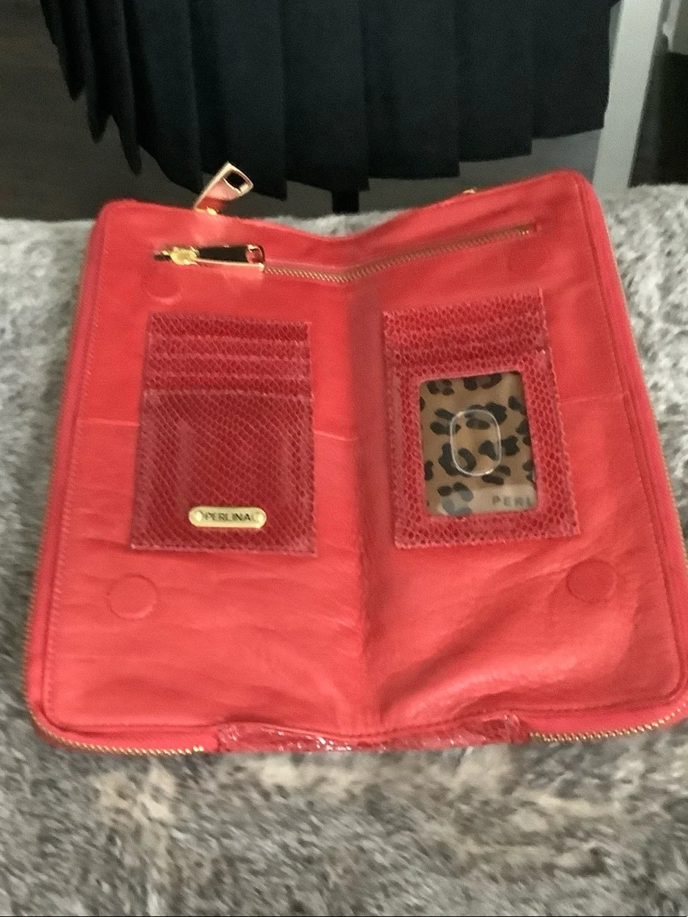 Perlina Red Zip-Around clutch bag with Gold trim